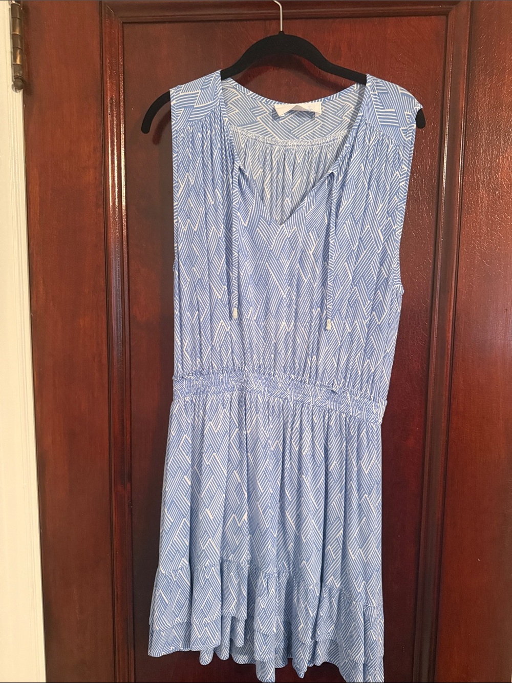 Blue Geometric Sleeveless Mini Dress with Smocked Waist